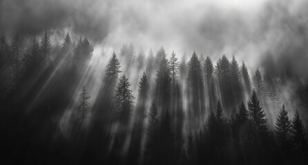 Sunlight Beaming through Misty Pine Forest