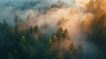 Fototapeta premium Golden Sunrise Over Misty Pine Forest