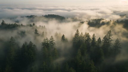 Misty Forest at Sunrise with Clouds Over Trees