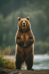 Obraz premium Majestic Brown Bear Standing Upright by River