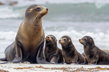 Fototapeta premium Sea Lion Family on Sandy Beach with Waves