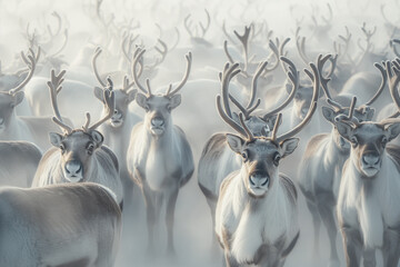 Herd of Reindeer in Misty Winter Landscape