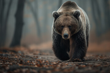 Majestic Brown Bear Approaching in Dark Forest Setting