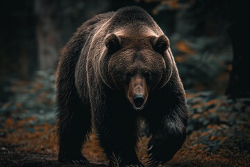 Majestic Brown Bear Approaching in Dark Forest Setting