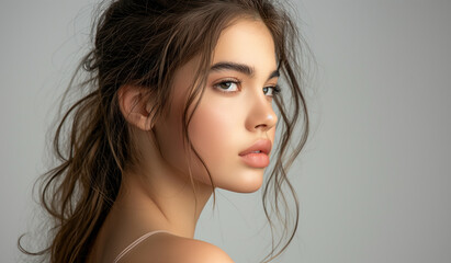 Portrait of a Young Woman with Natural Makeup and Messy Hair
