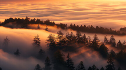 Obraz premium Sunset Over Foggy Forest with Silhouetted Trees