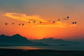 Flock of Birds Flying at Sunset Over Mountain Silhouette