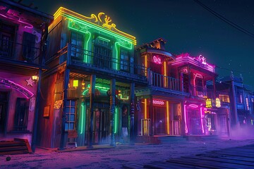 ghost town revival with neon art, old buildings lit in dazzling colors - obrazy, fototapety, plakaty