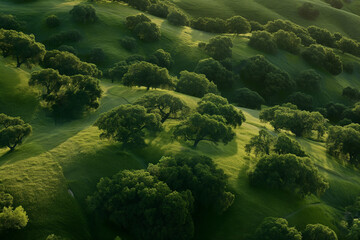 Sunlit Oak Trees Casting Shadows on a Verdant Hillside