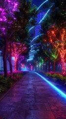 urban park at night, trees and paths lined with neon lights, surreal city oasis