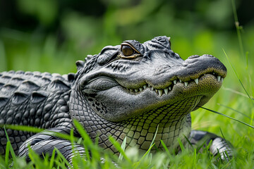 Fototapeta premium Close-Up Portrait of a Young Alligator Resting in the Grass
