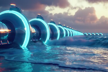 tidal wave energy converters accented with neon blue, powerful oceanic backdrop