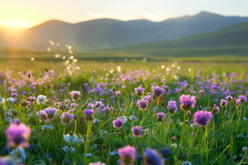 Beautiful Sunset Over Purple Wildflowers and Mountain Range