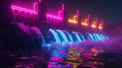 hydroelectric dam illuminated with neon lights, dynamic water and light show