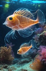 Fototapeta na wymiar underwater beautiful fish transparent iridescent neon 