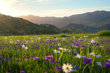 Sunlit Wildflower Meadow with Mountain Range Background