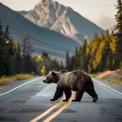 A brown bear crossing a road in a mountain area 