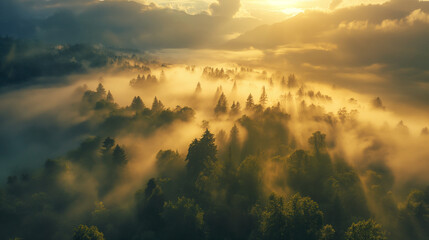 Mystical Sunrise Over Foggy Forest and Mountain Peaks - obrazy, fototapety, plakaty
