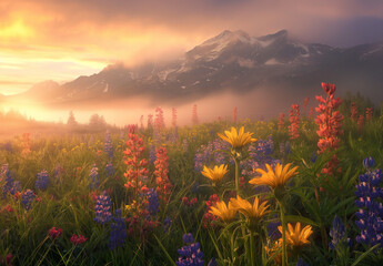 Obraz premium Sunrise Over Mountain Meadow with Wildflowers