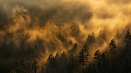 Dramatic Fog and Sunrays Over Pine Forest