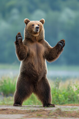 Playful Brown Bear Standing with Raised Paws in Natural Setting