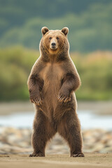 Brown Bear Standing Upright on Riverbank