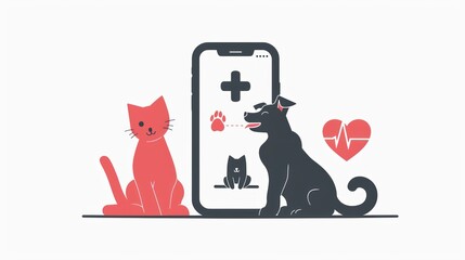 Dog and cat silhouette smart phone. Veterinary care health treatment. Clinic online doctor vet center analysis. AI generated