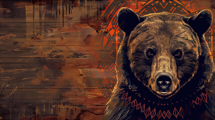 close up bear with native american tribal pattern against wooden background with copy space. spirit animal.