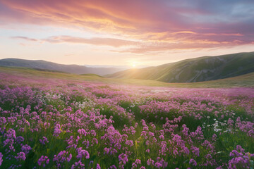 Obraz premium Sunset Over Blooming Lavender Fields and Hills