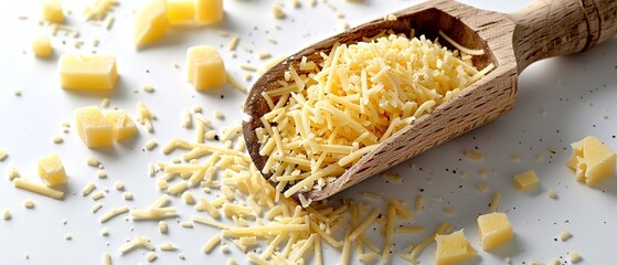 In-depth of an array of grated cheese over a white setting deleterious item for food making and space, Generative AI.