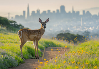 A curious deer stands on a hill with San Francisco’s skyline and the Golden Gate Bridge in the...