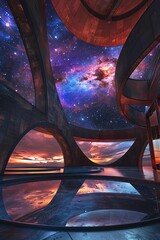 Astronomical observatory under starry skies, abstract cosmic patterns, exploring the universe