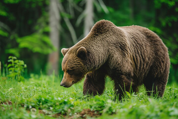 Fototapeta premium An inquisitive brown bear meanders through a lush green grove, its focus captured in the soft forest light filtering through the canopy.
