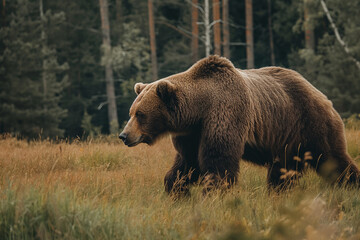 A solitary brown bear roams a forest clearing, its imposing presence a testament to the untamed spirit of the wilderness, captured in a moment of tranquil solitude.