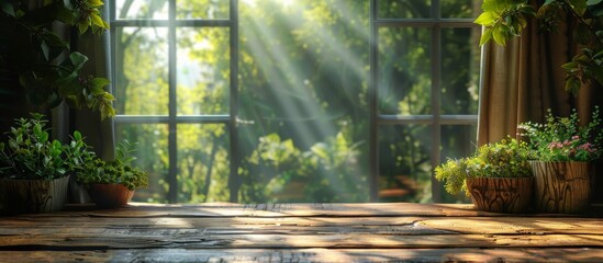 Warm sunlight beams through a window, creating a serene scene on a polished wooden floor adorned with various lush potted plants - obrazy, fototapety, plakaty