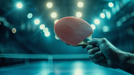 Close-up of ping pong paddle and ball in play with dynamic background suggesting motion