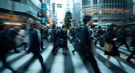 Crosswalk, motion blur and business people in town for morning rush hour commute to work. Building, city street and travel with corporate employee group outdoor in urban location for crossing road - obrazy, fototapety, plakaty
