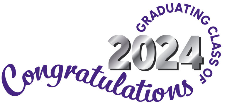 White background - Graduating Class of 2024 in  purple text in a circle around the year. 2024 is in metallic silver gray text. Congratulations in purple script on a wavy line.