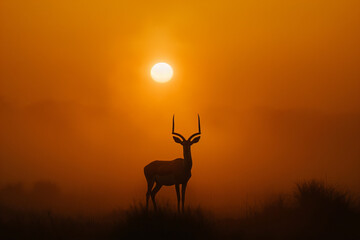 Fototapeta na wymiar An impala silhouetted against a vibrant sunrise, with the sun perfectly balanced between its antlers in the peaceful savannah.