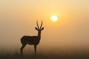 An impala silhouetted against a vibrant sunrise, with the sun perfectly balanced between its antlers in the peaceful savannah. - obrazy, fototapety, plakaty