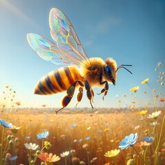Bee flying over flower meadow. Nature background. Generative AI