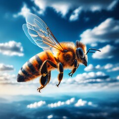 Bee flying on blue sky background. Generative AI
