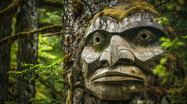 close up Native American Indian totem pole against forest background.