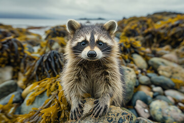 A wide-eyed raccoon cautiously explores a coastal area, navigating over rocks entwined with seaweed against a backdrop of moody skies and calm seas. - obrazy, fototapety, plakaty