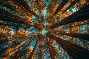 A breathtaking upward view of towering redwood trees converging against a warm, glowing sky, showcasing the grandeur of nature.
