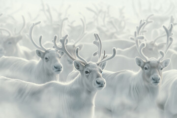 A mystical gathering of white deer, their antlers and gentle gazes emerging from a soft, misty background.