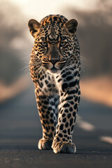 A stunning jaguar approaches with silent grace on a dusky path, its intense gaze and elegant stride exuding wild beauty and primal power.