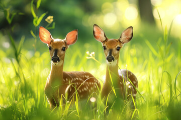 Fototapeta premium Two curious fawns emerge in a sun-dappled glade, their innocence captured in the soft, golden glow of the evening.