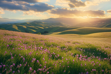 Sunbeams pierce the clouds, spotlighting hills blanketed with pink blossoms, creating a stunning symphony of light and color at dusk. - obrazy, fototapety, plakaty