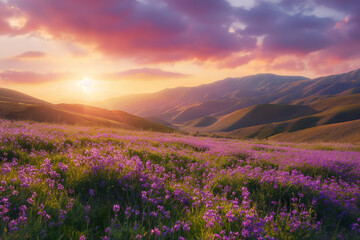 Obraz premium The setting sun bathes a landscape of undulating hills and purple wildflowers in a radiant glow, capturing nature's quiet end to the day.